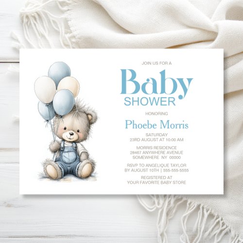 Teddy Bear with Balloons Boy Baby Shower Invitation
