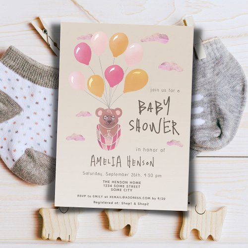 Teddy Bear with Balloons Drawing Baby Shower  Invitation