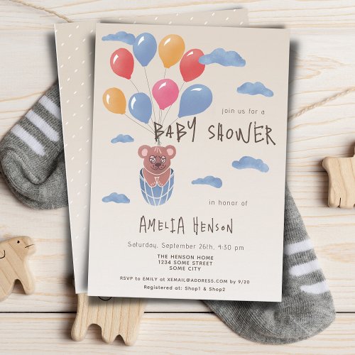 Teddy Bear with Balloons Drawing Baby Shower Invitation