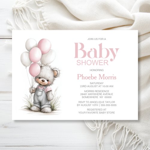 Teddy Bear with Balloons Girl Baby Shower Invitation