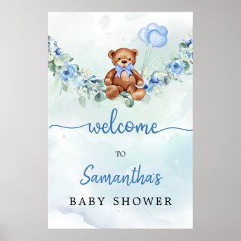 Teddy Bear With Balloons Greenery Boy Welcome Sign by VioletPrints7 at Zazzle