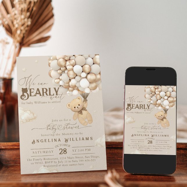 Teddy Bear with Balloons Neutral Baby Shower  Invitation (Creator Uploaded)