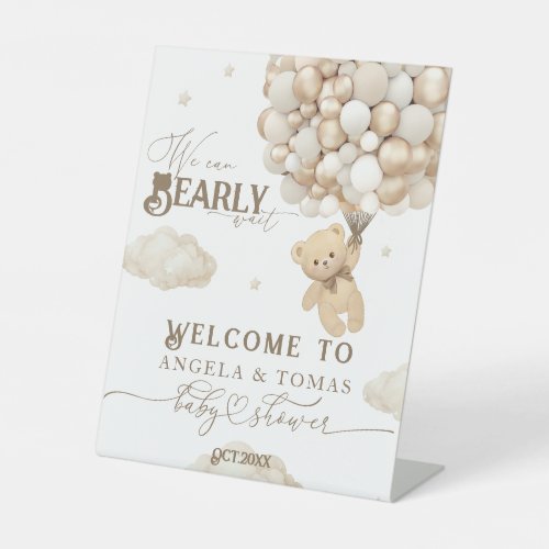 Teddy Bear with Balloons Neutral Baby Shower  Pedestal Sign