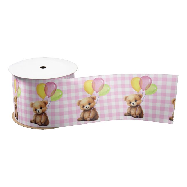 Teddy Bear With Balloons On Gingham Satin Ribbon (Spool)