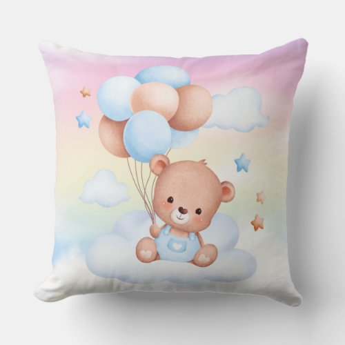 Teddy Bear with Balloons Rainbow Sky Throw Pillow