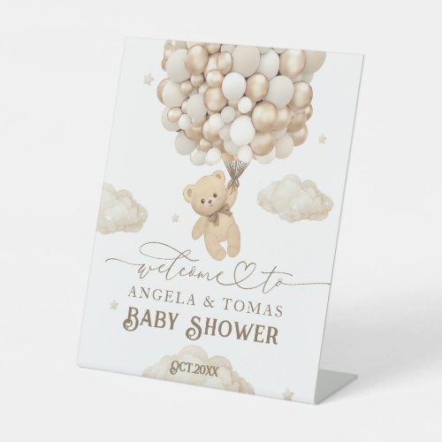 Teddy Bear with Balloons Welcome Baby Shower Pedestal Sign