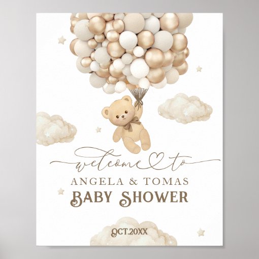 Teddy Bear with Balloons Welcome Baby Shower Poster | Zazzle