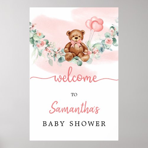 Teddy Bear With Baloons Greenery Girl Welcome Sign