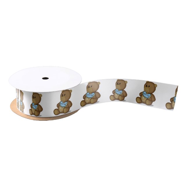 Teddy Bear with Bib on White Satin Ribbon (Spool)