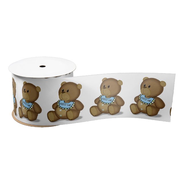 Teddy Bear with Bib on White Satin Ribbon (Spool)