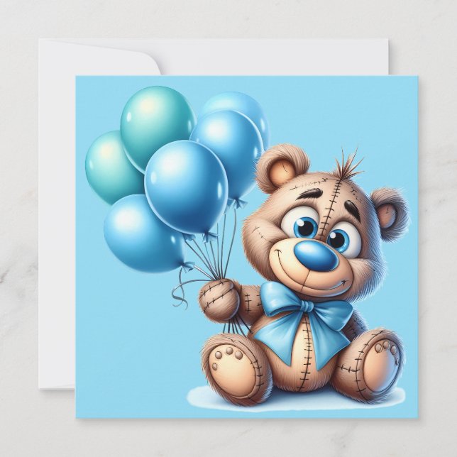 Teddy Bear with blue balloo Baby shower Invitation (Front)