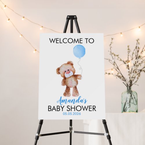Teddy Bear with Blue Balloon Welcome Sign