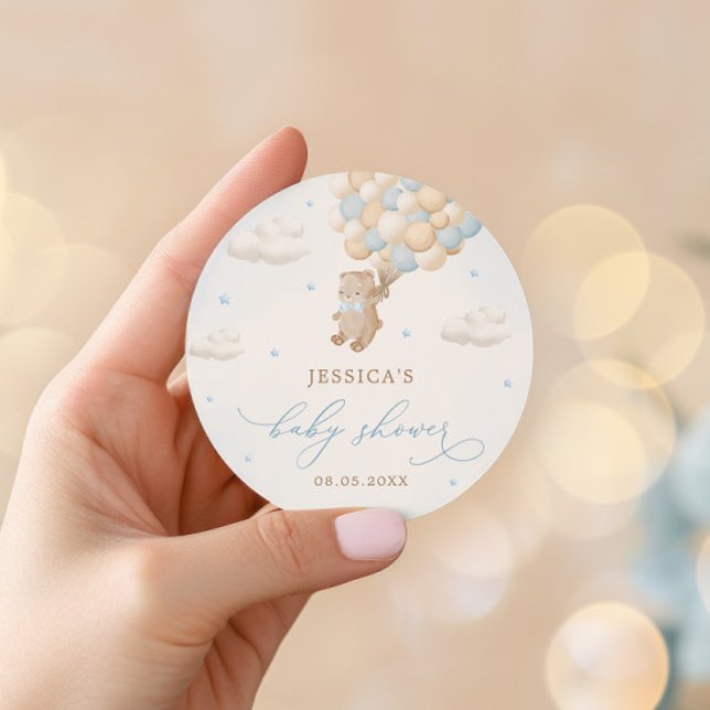 Teddy Bear with Blue Balloons Baby Shower Classic Round Sticker (Creator Uploaded)