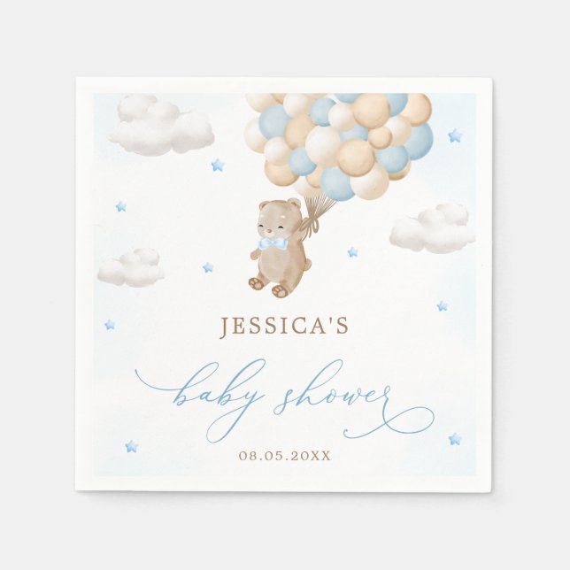 Teddy Bear with Blue Balloons Baby Shower Napkins (Front)
