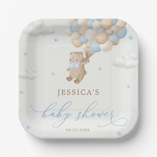 Teddy Bear with Blue Balloons Baby Shower Paper Plates (Front)