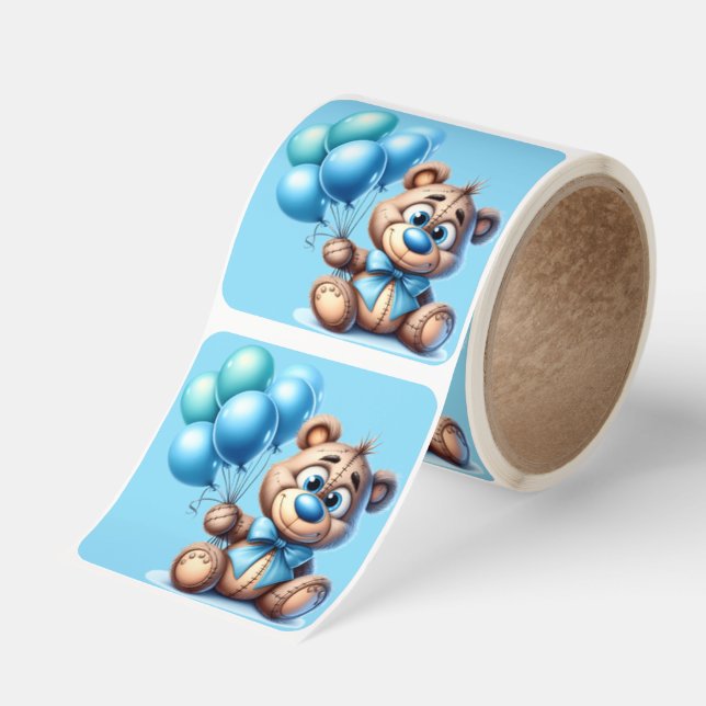 Teddy Bear with Blue Balloons Baby Shower Square Sticker (Roll)