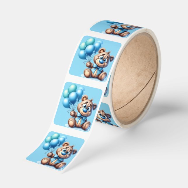 Teddy Bear with Blue Balloons Baby Shower Square Sticker (Roll)