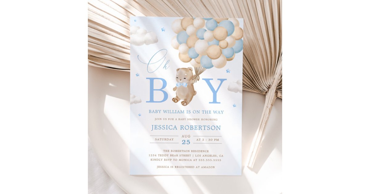 Teddy Bear with Blue Balloons Boy Baby Shower Invi Invitation | Zazzle