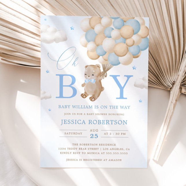 Teddy Bear with Blue Balloons Boy Baby Shower Invi Invitation (Creator Uploaded)