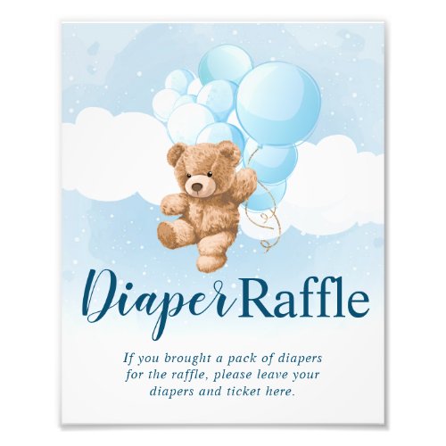 Teddy Bear with Blue Balloons Diaper Raffle Sign