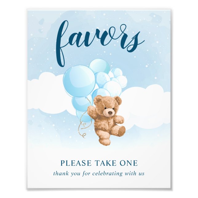 Teddy Bear with Blue Balloons Favors Sign (Front)