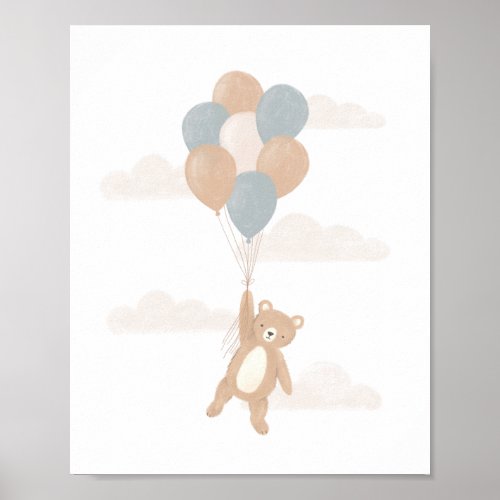 Teddy Bear with Blue Balloons Poster