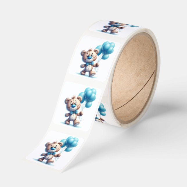 Teddy bear with blue balloons square sticker (Roll)