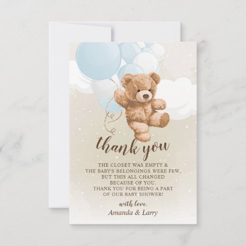 Teddy Bear with Blue Balloons Thank You Card