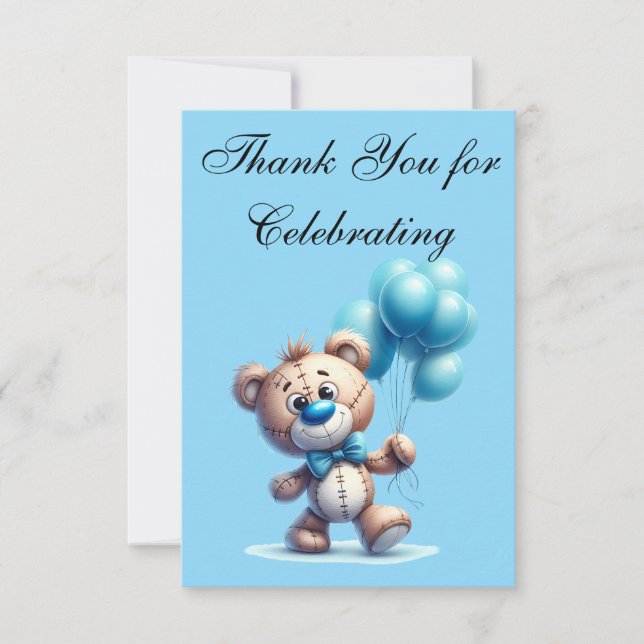 Teddy bear with blue balloons thank you card (Front)