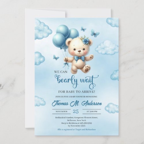 Teddy bear with blue balloons we can bearly wait invitation