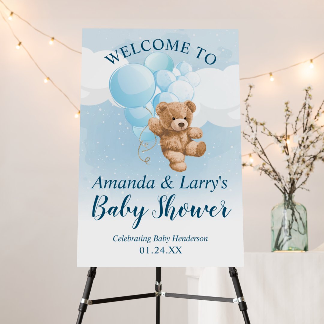 Teddy Bear with Blue Balloons Welcome Sign | Zazzle