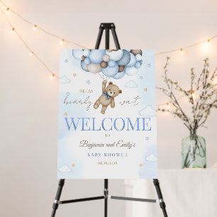 Teddy Bear with Blue Balloons Welcome Sign