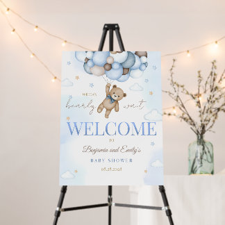 Teddy Bear with Blue Balloons Welcome Sign