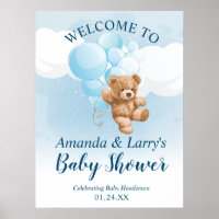 Teddy Bear with Blue Balloons Welcome Sign