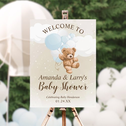 Teddy Bear with Blue Balloons Welcome Sign
