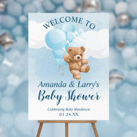 Teddy Bear with Blue Balloons Welcome Sign
