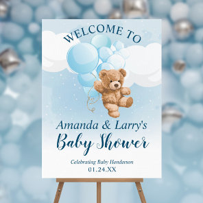 Teddy Bear with Blue Balloons Welcome Sign