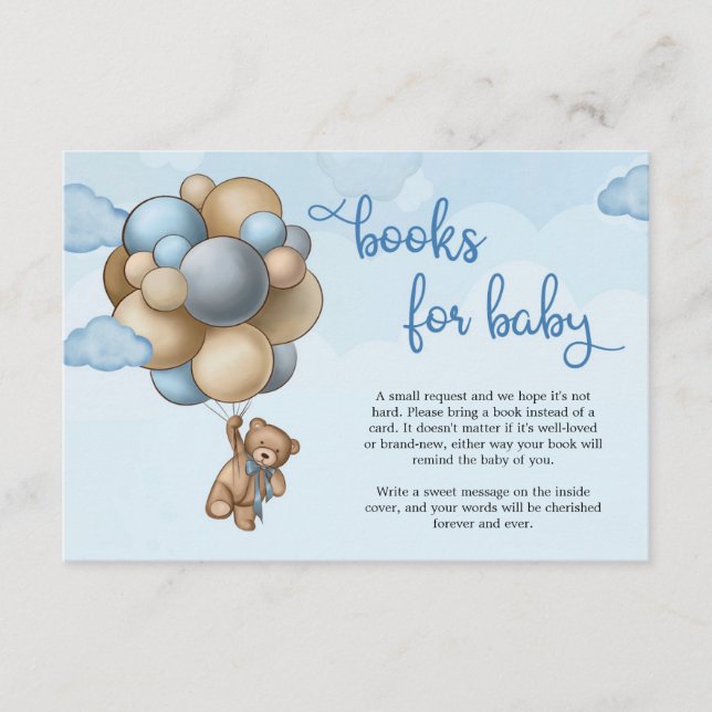Teddy bear with blue brown balloons book request enclosure card (Front)