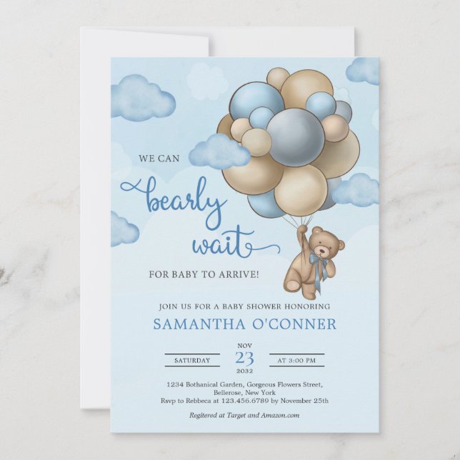 Teddy bear with blue brown beige balloons boy invitation (Front)