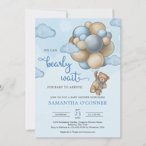 Teddy bear with blue brown beige balloons boy invitation