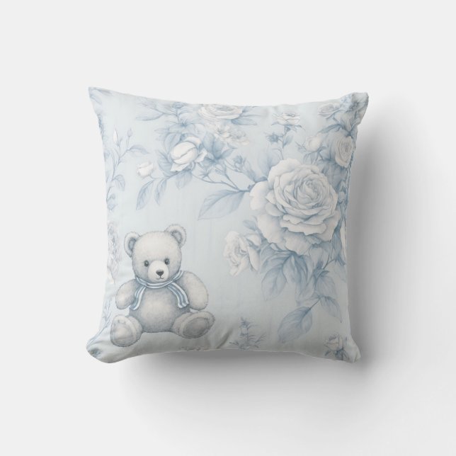 teddy bear with blue roses throw pillow (Front)