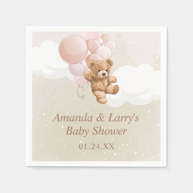 Teddy Bear with Blush Pink Balloons Napkins (Front)