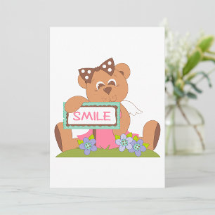 Teddy Bear with Bow Holding Smile Sign Invitation