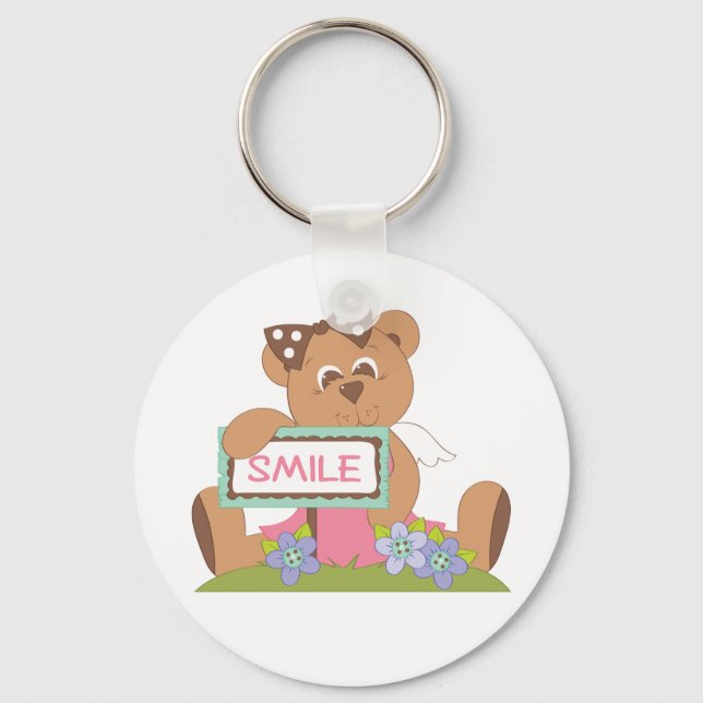 Teddy Bear with Bow Holding Smile Sign  Keychain (Front)