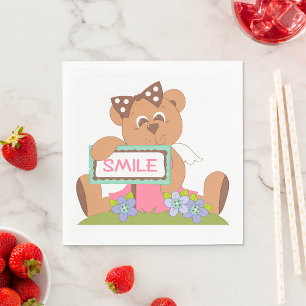 Teddy Bear with Bow Holding Smile Sign Napkins
