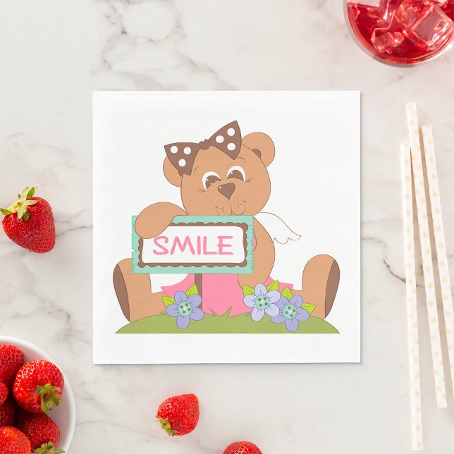 Teddy Bear with Bow Holding Smile Sign  Napkins (Creator Uploaded)