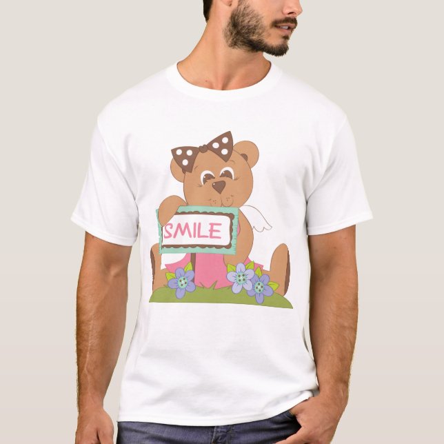 Teddy Bear with Bow Holding Smile Sign  T-Shirt (Front)