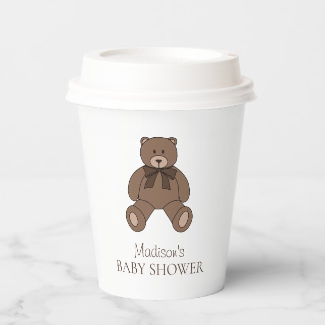 Teddy Bear with Bow Name Brown Baby Shower Paper Cups (Front)