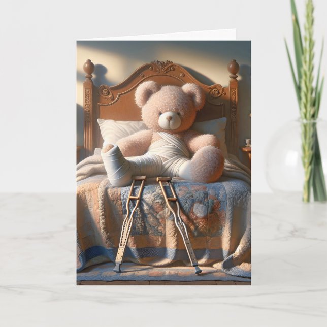 Teddy Bear with Broken Leg Get Well Soon Card (Front)