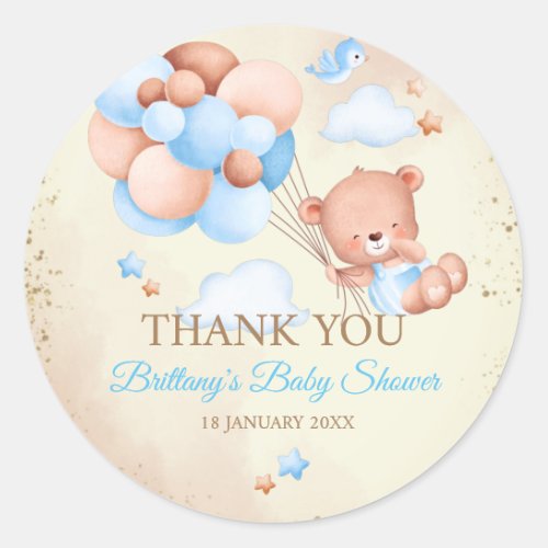 Teddy bear with brown and blue balloons and clouds classic round sticker